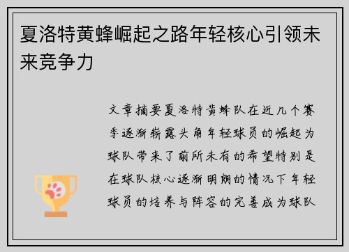 夏洛特黄蜂崛起之路年轻核心引领未来竞争力